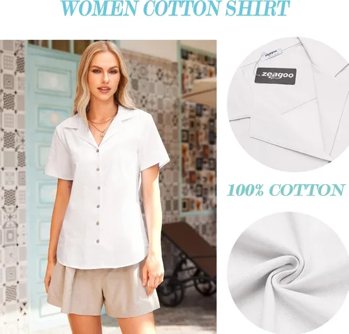 Vista 5 de Zeagoo Camisa de algodón para mujer, con botones, manga corta, cuello en V, casual, para el trabajo