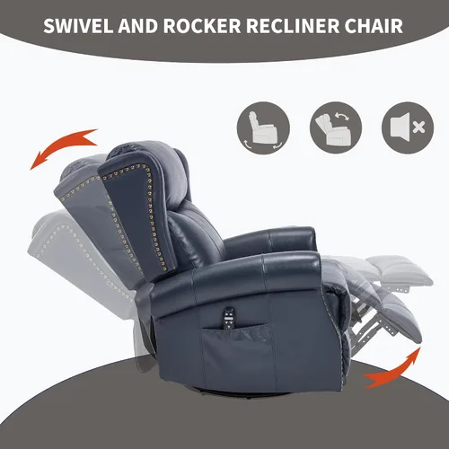 Vista 8 de Trustyue Silla reclinable de piel auténtica, reclinable manual con balancín giratorio, mecedora de masaje y calor, reclinable para guardería Azul