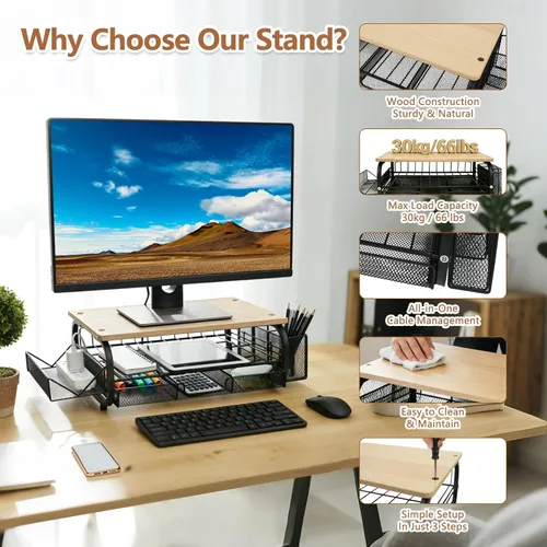 Vista 6 de Organizador de escritorio y accesorios para monitor, soporte para monitor con cajón (cajones de 2 niveles) con estante de almacenamiento lateral