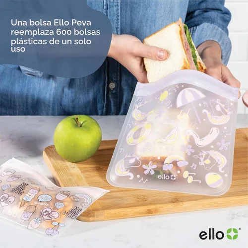 Vista 4 de Ello 4 Pack Reusable Food Storage Bags, Resealable BPA-Free, Food-Safe PEVA, Feezer Safe and Leak-Proof Dino/Camo