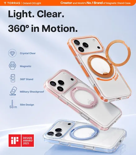 Vista 2 de TORRAS Funda con soporte magnético 360 para iPhone 17 Pro, ultra transparente, [compatible con MagSafe] [protección de grado militar 4X], funda