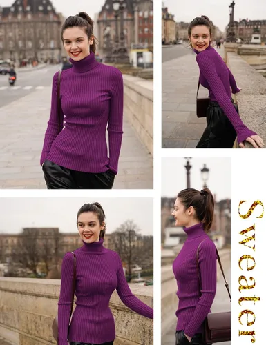 Vista 4 de v28 - Suéteres acanalados con cuello alto falso para mujer, diseño cálido de punto sexy, entallado y moderno sin botones