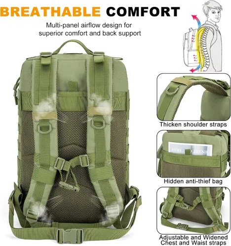 Vista 4 de Mochila Táctica 45L, Mochila Militar del Ejército, Resistente al Agua, Paquete MOLLE, Mochila de 3 Días de Emergencia Grande para Hombres y Mujeres