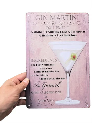 Vista 4 de Cartel de placa de metal para decoración de pared de 8 x 12 pulgadas para cócteles y bebidas (GIN MARTINI)