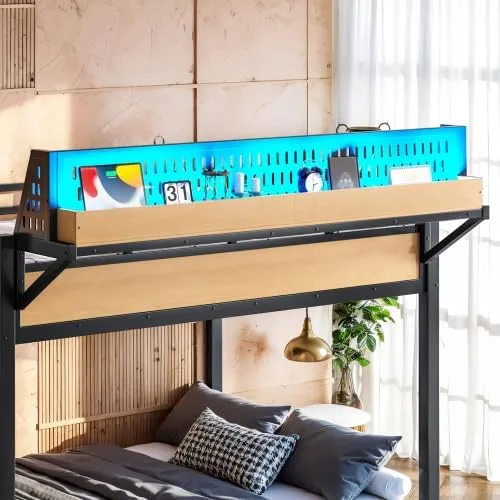 Vista 6 de Bellemave Litera de tamaño matrimonial con estantes de almacenamiento y tablero de clavijas, marco de cama de metal con puertos USB y luces LED
