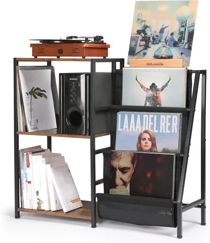 Vista 9 de HYCFYJR Soporte para reproductor de discos de vinilo, almacenamiento de discos de vinilo de 3 niveles, soporte para tocadiscos con soporte Now