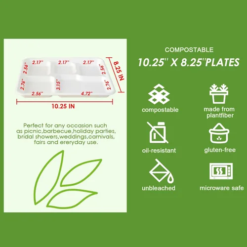 Vista 3 de Vplus Platos 100% compostables con 5 compartimentos, paquete de 125 platos ecológicos desechables de caña de azúcar de 10 x 8 pulgadas, bandeja