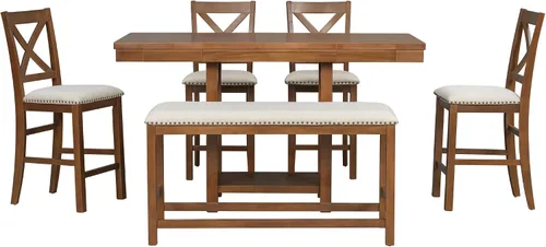Vista 5 de Juego de mesa de barra de altura de madera para 6, mesa de comedor expandible con estantes de almacenamiento de 2 niveles, 4 sillas y banco, diseño
