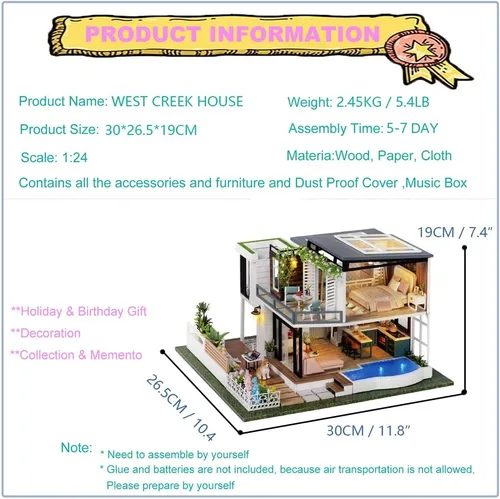 Vista 3 de Roroom Kit de casa de muñecas en miniatura y muebles, mini casa de muñecas de madera 3D con cubierta a prueba de polvo y movimiento musical, idea