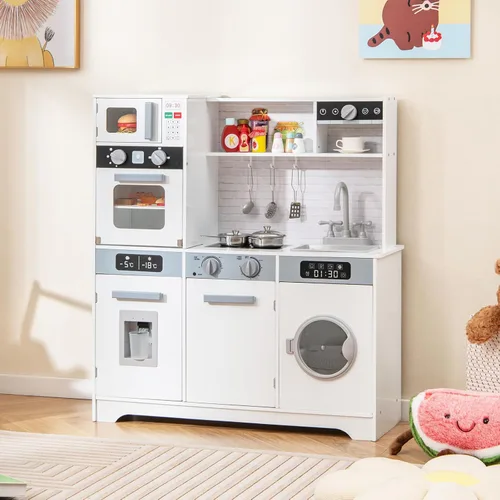 Vista 7 de Costzon Juego de cocina para niños, juego de madera para niños pequeños con luces y sonidos reales, fregadero, grifo, dispensador de agua, Blanco