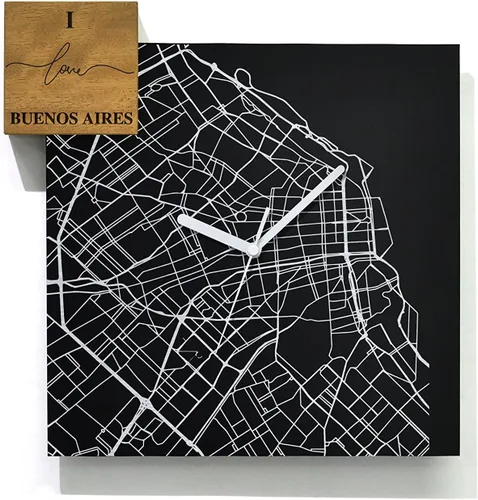 Vista 25 de Modern Wall Clock - Black Aluminum with Silver Fiber Laser Engraving - Square - Contemporary Design - Personalized City Map - Home Town - Location