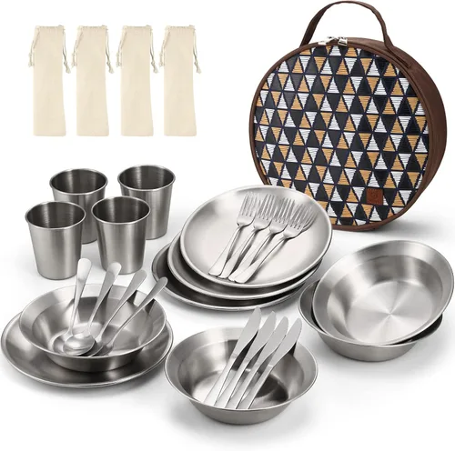Vista 10 de Odoland Juego de utensilios de cocina de acero inoxidable para acampar para familia y persona, cubiertos de vajilla de cocina con platos, tazones