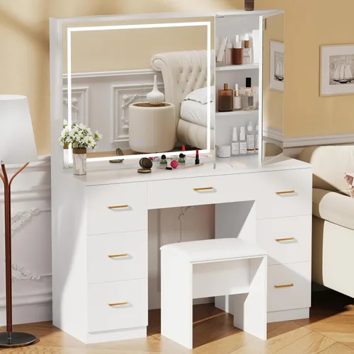 Vista 11 de Escritorio de tocador con espejo iluminado grande, tocador de maquillaje con parte superior de cristal, 7 cajones y brillo ajustable, mesa