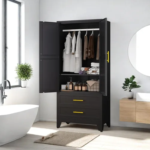Vista 3 de PAOFIN Armario de metal negro de 71 pulgadas, armario de almacenamiento de ropa para dormitorio con 2 cajones y barra para colgar, armario