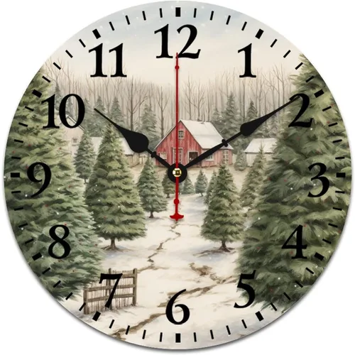 Vista 12 de Reloj de madera con árboles de Navidad y copos de nieve, reloj de pared redondo azul para interiores, funciona con pilas, silencioso, sin ruido