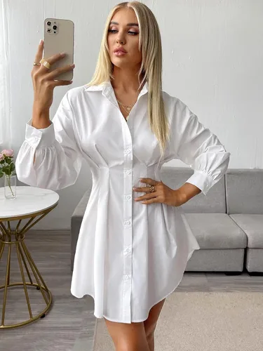 Vista 4 de SheIn Vestido corto plisado de manga larga para mujer cuello de solapa botones acampanado