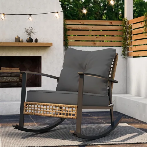 Vista 11 de LAUSAINT HOME Mecedora de mimbre para exteriores, silla de patio de gran tamaño, cómoda silla mecedora con cojín grueso, silla moderna y acogedora