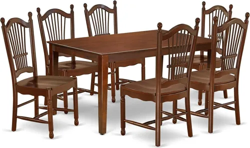 Vista 21 de HomeStock El juego de mesa de comedor moderno de 7 piezas consta de una mesa rectangular de madera y 6 sillas tapizadas de tela de lino café, 36 x