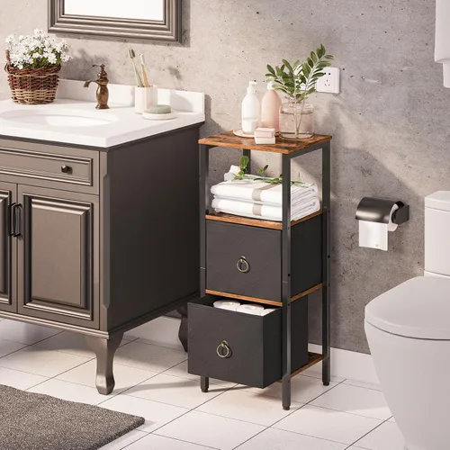 Vista 2 de HOOBRO Gabinete esquinero, estante esquinero de 4 niveles con 2 cajones, gabinete de piso de baño, gabinete de almacenamiento estrecho, para baño