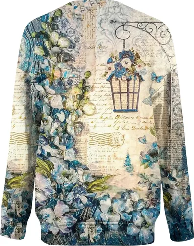 Vista 4 de Camisas de manga larga para mujer, blusa de cuello redondo, casual, moderna, estampada, suéter de ajuste holgado