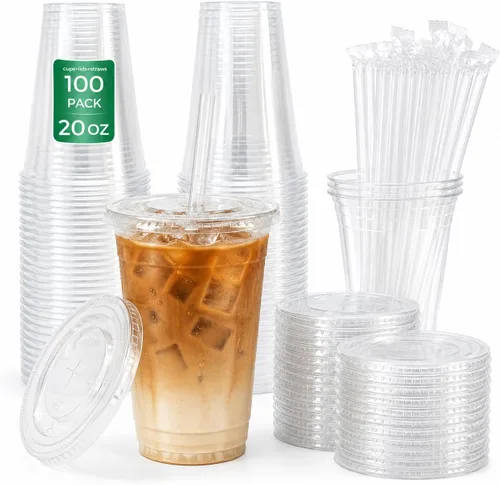 Vista 9 de Paquete de 100 tazas de café helado de 16 onzas de agarre cómodo con tapas y popotes – Vasos desechables de plástico transparente de 16 onzas