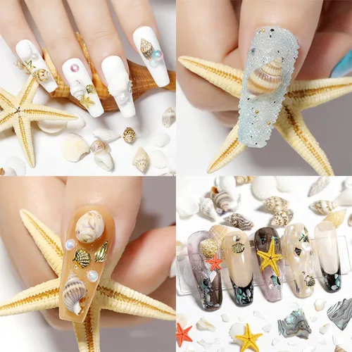 Vista 4 de Diamantes de imitación para uñas de playa de verano, diseño de concha y remaches con diseño de estrella de mar, diseño de concha y remaches