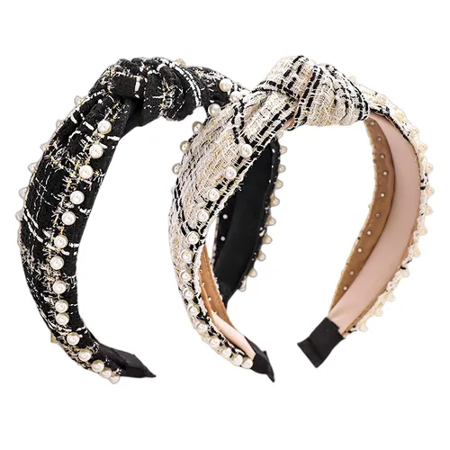 Vista 2 de 2 diademas elegantes con cuentas para mujer, diadema de perlas anudadas en blanco y negro para niñas