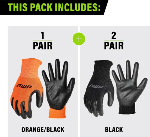 Vista 2 de AWP Guantes de trabajo con revestimiento de poliuretano para hombres y mujeres, resistentes al agua, grandes, paquete de 3 pares