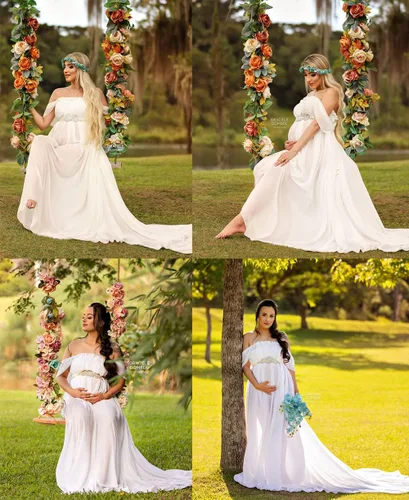 Vista 6 de ZIUMUDY Vestido largo de gasa con hombros descubiertos para sesión de fotos, fotografía, vestido de baby shower
