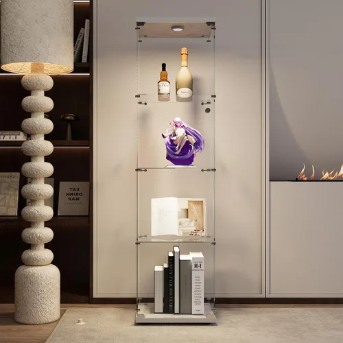 Vista 14 de Armario esquinero de cristal templado con 4 estantes de 64 pulgadas de alto, gabinete de licor de 5 lados con luces LED, bloqueo y pies ajustables