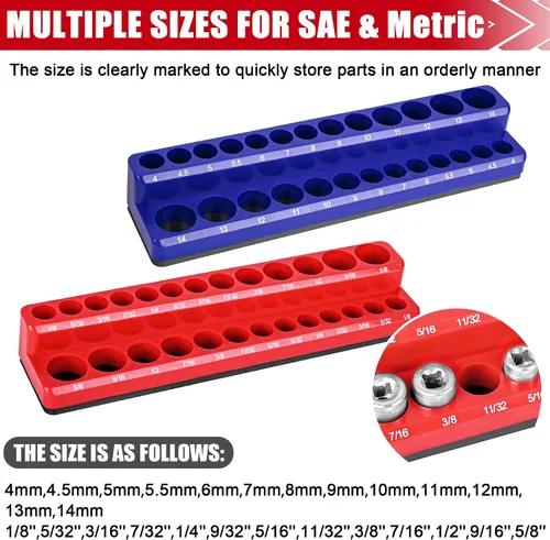 Vista 4 de Soporte magnético de 2 piezas para llaves de vaso – Bandeja métrica SAE de 1/4 de pulgada para almacenamiento de herramientas – Capacidad para 52