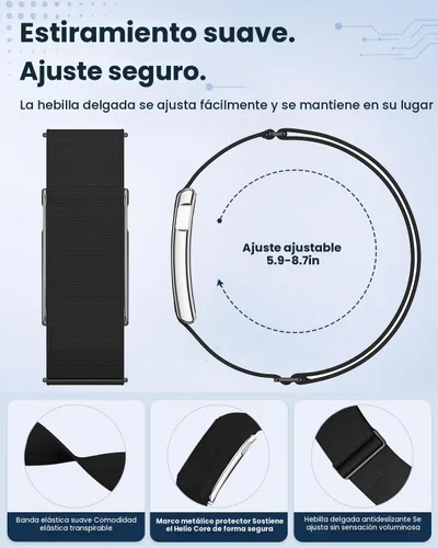 Vista 4 de Correa deportiva de nailon compatible con Amazfit Helio correa, pulsera ajustable con funda de parachoques de metal para correa de helio Negro