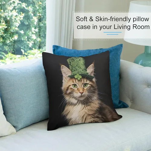 Vista 8 de Fundas de almohada de granja con diseño de feliz día de San Patricio con un gato en un sombrero de trébol, fundas de almohada de terciopelo