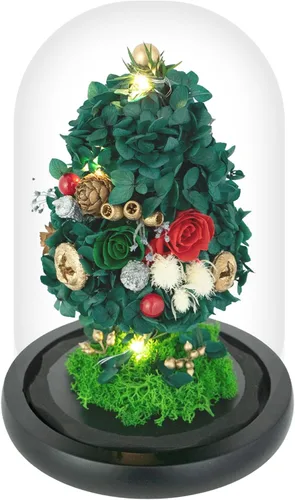 Vista 11 de GLAMOUR BOUTIQUE Mini flor preservada para árbol de Navidad en cúpula de cristal con luz, decoración de mesa de Navidad Flowers Forever de larga