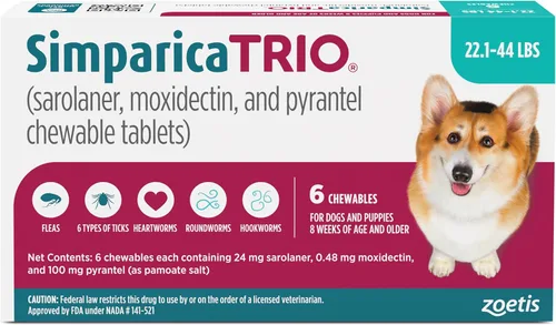 Vista 10 de Simparica Trio (sarolaner, moxidectina y tabletas masticables de pirantel) masticables para perros, 6 mg/tab, 5.6-11 libras, (púrpura), 1 tableta