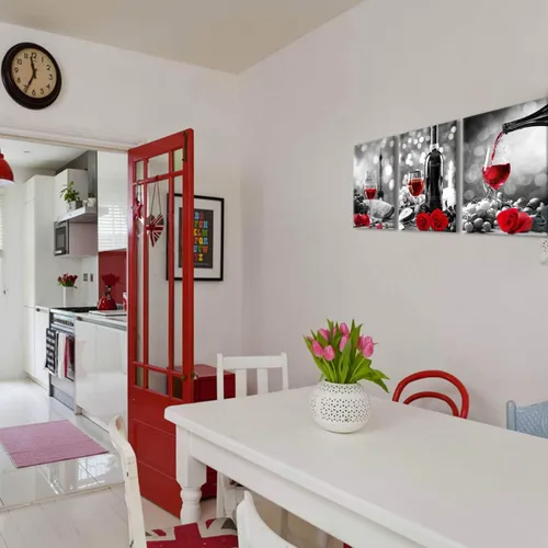Vista 2 de Decoración de vino para cocina, arte en lienzo con rosas de vino tinto, arte para paredes del hogar, blanco y negro, con pintura de vino tinto, arte