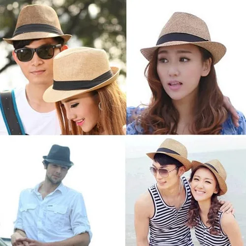 Vista 7 de FALETO Sombrero de paja de Panamá unisex de verano con ala corta, gorra de sol para playa