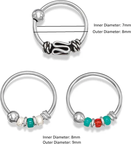 Vista 6 de Anillos de nariz o aros de hélice pequeños de plata esterlina con cuentas de 0.315 in y estilo Bali, 22G Hecho a mano Juego de 3 aros 0.315