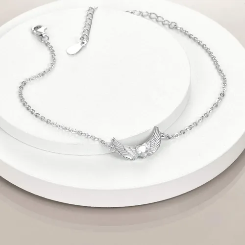 Vista 2 de YFN - Pulsera de alas de ángel de la guarda de plata de ley con forma de corazón para mujeres y niñas