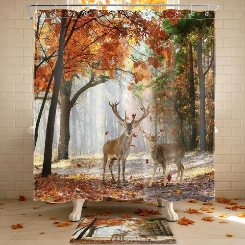 Vista 55 de HVEST Cortina de ducha con ganchos, calabaza espeluznante y fantasma con sombrero de bruja negro, juego de cortina de ducha naranja con flores