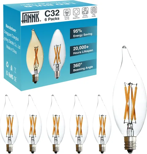 Vista 13 de Paquete de 6 bombillas LED de punta de llama C32 de reemplazo, 2 W equivale a 20 W, foco Edison de filamento cálido 2200 K, bombilla de candelabro