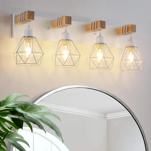 Vista 17 de Lámpara de tocador estilo casa de campo para baño, luminarias de tocador de baño de 2 luces negra dorada de madera sobre espejo, apliques rústicos