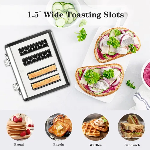 Vista 4 de Tostadora de 4 rebanadas, tostador de panecillos de acero inoxidable KitchMix con temporizador LCD, ranuras extra anchas, pantalla dual, bandeja