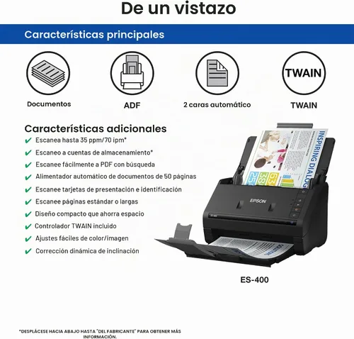 Vista 4 de Epson Workforce ES-400 Color Duplex Document Scanner para PC y Mac, alimentador automático de documentos (ADF)