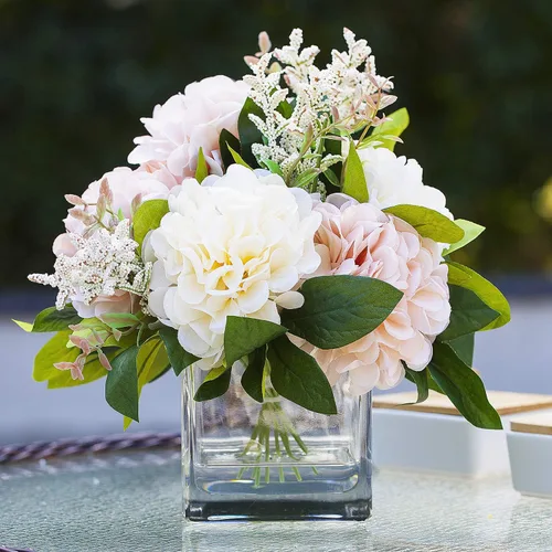Vista 2 de Arreglos florales de dalia de seda artificial en jarrón de cristal para decoración del hogar y boda (rosa crema)