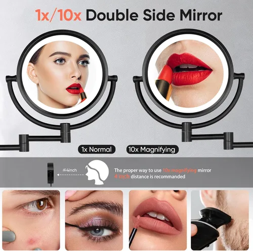 Vista 4 de GURUN - Espejo de maquillaje con aumento enchufable, montaje en pared, doble cara, color negro, 10