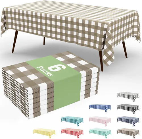 Vista 46 de Smiry Paquete de 3 Manteles Desechables de Cuadros Gingham Color Caqui - 54" x 72" Mantel de Plástico de Servicio Pesado, Cubiertas de Mesa