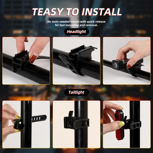 Vista 4 de Paquete de 2 luces de bicicleta delanteras y traseras, luces de bicicleta recargables USB-C delanteras y traseras para conducción nocturna, juego