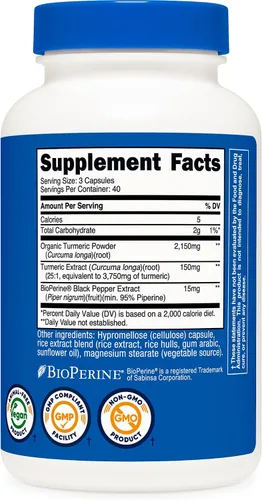 Vista 5 de Nutricost Turmeric (95% curcumioides) 0.017 onzas, 120 cápsulas con Bioperina, 1 botella, 1