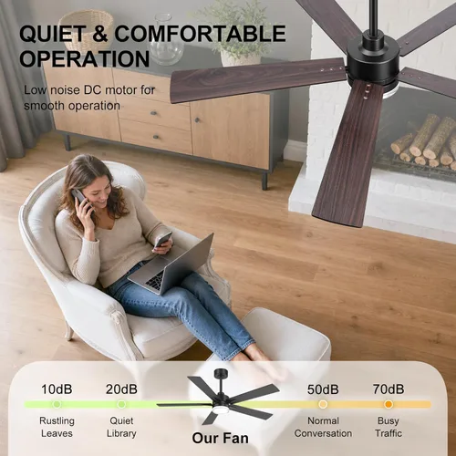 Vista 6 de 52 Inch Ceiling Fan with Lights and Remote, Modern Black Ceiling Fan, 6-Speed Reversible Motor, 3000K/4000K/6000K LED Light, Indoor Ceiling Fan for